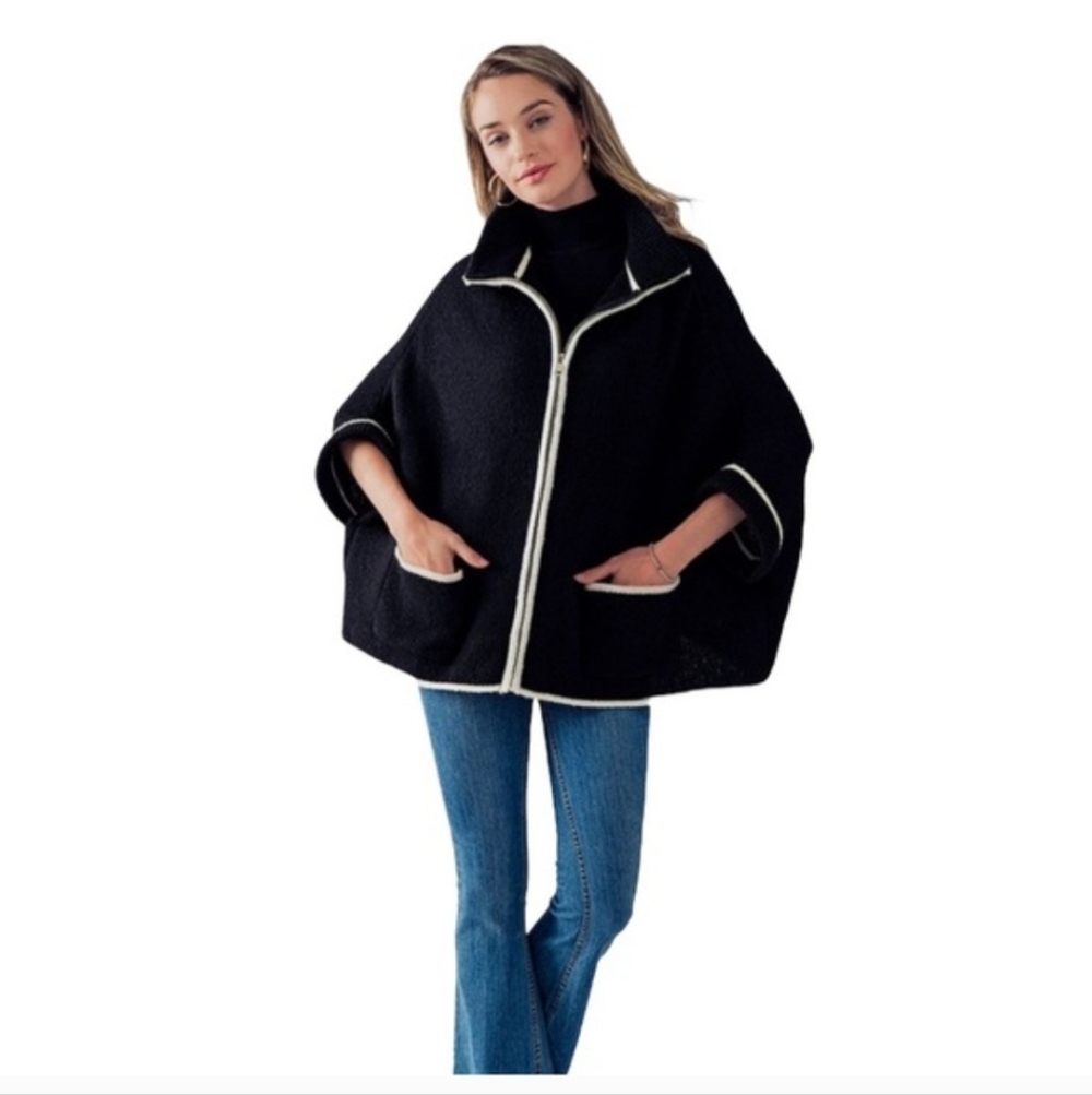 Womens Black White Trim Fleece Zip Up Cape